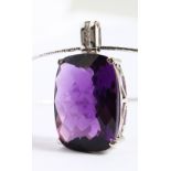 A SUPERB 14CT WHITE GOLD AND LARGE AMETHYST PENDANT NECKLACE.