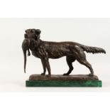 AFTER P. J. MENE (1810-1879) FRENCH A BRONZE OF A RETRIEVER carrying a pheasant, on a marble base.