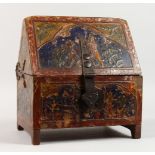 AN 18TH/19TH CENTURY CONTINENTAL CASKET, with embossed and painted decoration, wrought iron hinges