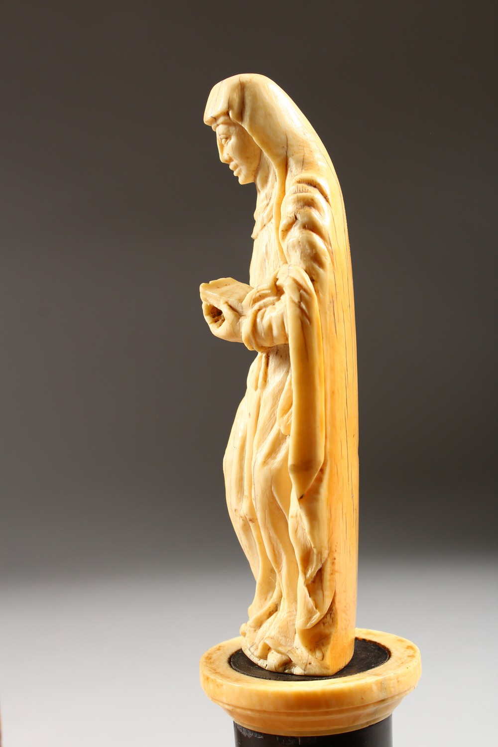 A 19TH CENTURY IVORY FIGURE ON STAND, possibly St Anne; together with a small ivory in a gilt frame. - Image 7 of 7