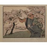 Helen Hyde (1868-1919) British. A Japanese Mother with a Child on her Back, Woodcut, Signed in