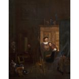 19th Century European School. Interior with Figures in the Artist's Studio, Oil on Panel, Signed