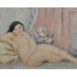 Wetzel. Study of a Reclining Nude with a Vase of Flowers behind her, Oil on Canvas, Signed,