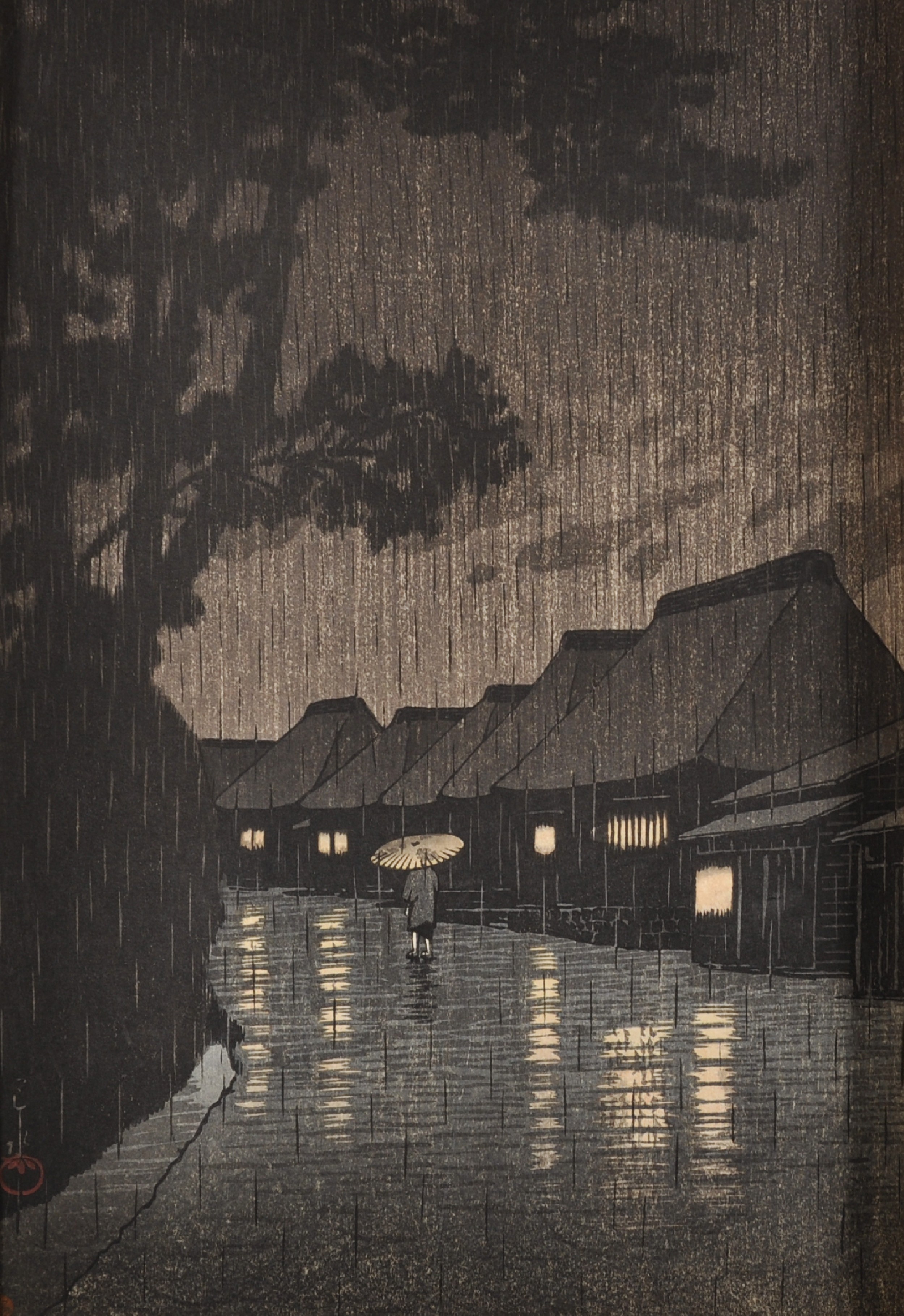 Kawase Bunjiro Hasui (1883-1957) Japanese. "Rain in Maekawa, Soshu", Woodcut, with Stamp,