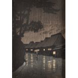Kawase Bunjiro Hasui (1883-1957) Japanese. "Rain in Maekawa, Soshu", Woodcut, with Stamp,