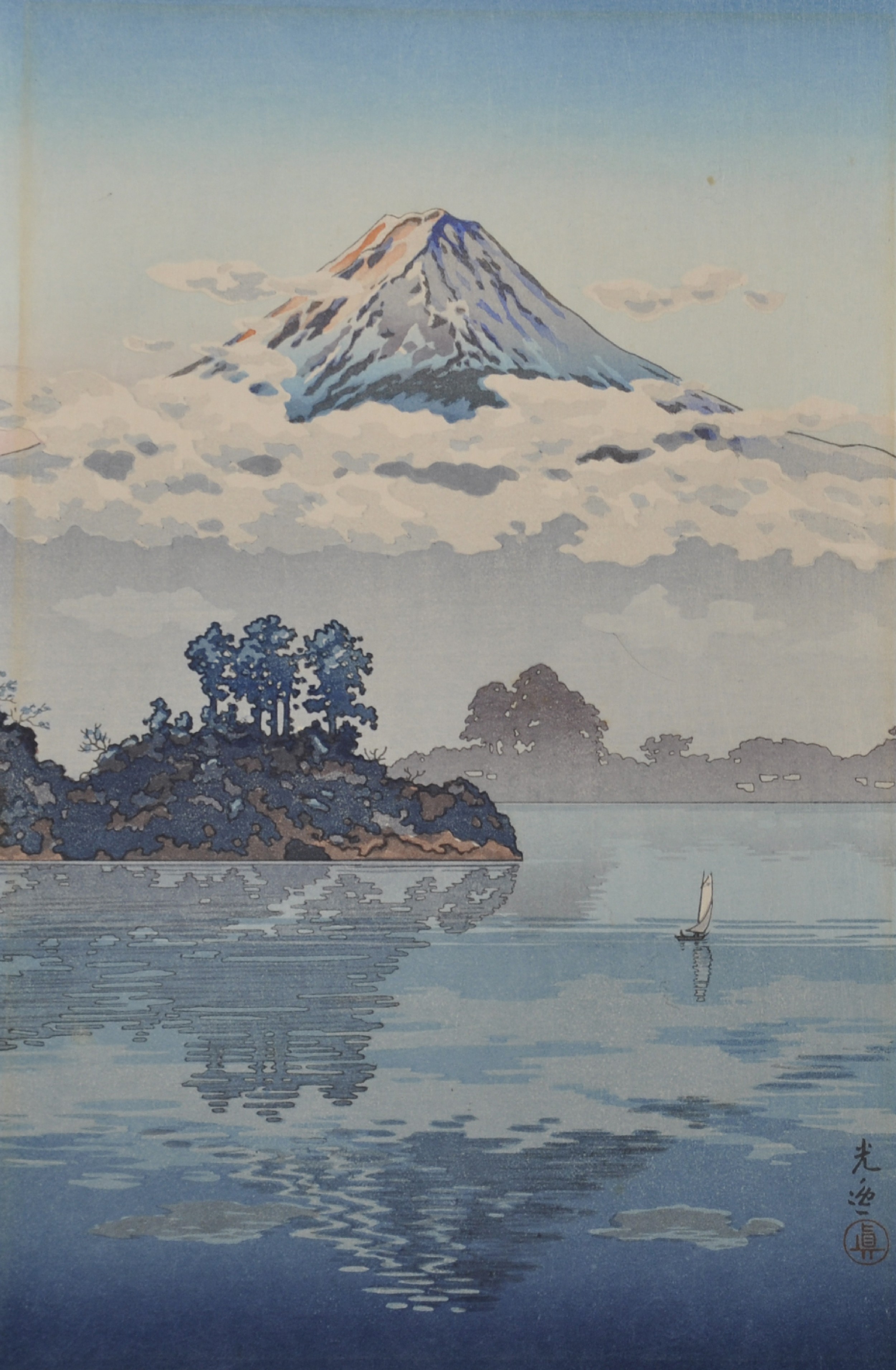 Tsuchiya Koitsu (1870-1949) Japanese. "Lake Kawaguchi", at the base of Mount Fuji, Woodcut,