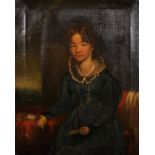 19th Century English School. A Lady Dressed in Green, Seated in an Interior Holding a Book, Oil on