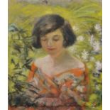 Lucienne Pageot-Rousseaux (1899-1995) French. Bust Portrait of a Lady, in a Flower Garden, Pastel,
