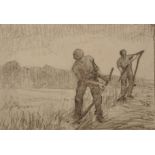 Circle of Harry Becker (1865-1928) British. Study of Figures Scything in a Field, Charcoal and