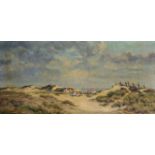 Louis Taverne (1859-1934) Belgian. Les Dunes , A Beach Scene, with Cottages in the distance, Oil