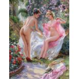 Konstantin Razumov (1974- ) Russian. In the Hammock , Two Naked Ladies by a Hammock, in a Flower