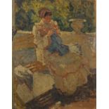 Late 19th - 20th Century French School. Study of a Lady Seated on a Bench in a Sunlit Garden, Oil on