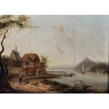 19th Century Dutch School. A River Landscape, with Figures on a Path, and other Figures in Boats,