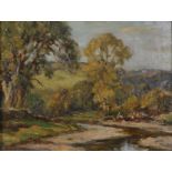 Owen Bowen (1873-1920) British. Dovedale, Derbyshire , Rushley Bridge , A River Landscape, Oil on