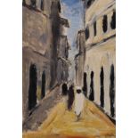 20th Century North African School. Figures in a Street, Oil on Paper, Indistinctly Signed, Unframed,