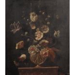 19th Century Italian School. Still Life of Flowers in a Glass Vase on a Ledge, Oil on Panel,