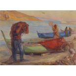 Jules Pierre van Biesbroeck (1873-1965) Belgian. Figures bringing in the Boats, Mixed Media, Signed,