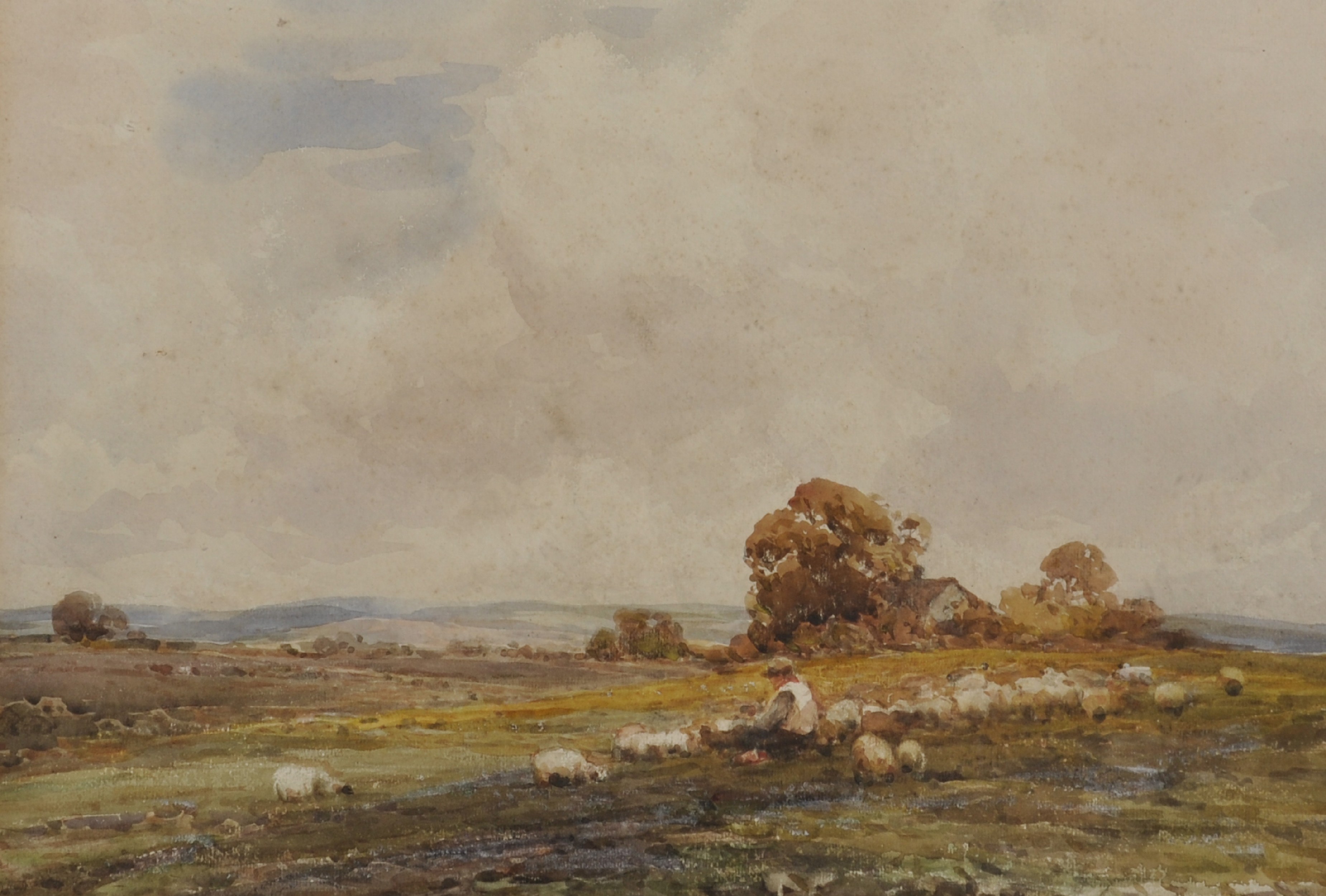 Claude Hayes (1852-1922) British. An Open Hampshire Landscape, with a Shepherd and Flock in the