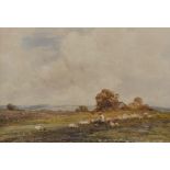 Claude Hayes (1852-1922) British. An Open Hampshire Landscape, with a Shepherd and Flock in the