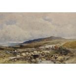 David Bates (1840/41-1921) British. A River Landscape, with Shepherd and Flock, Watercolour,