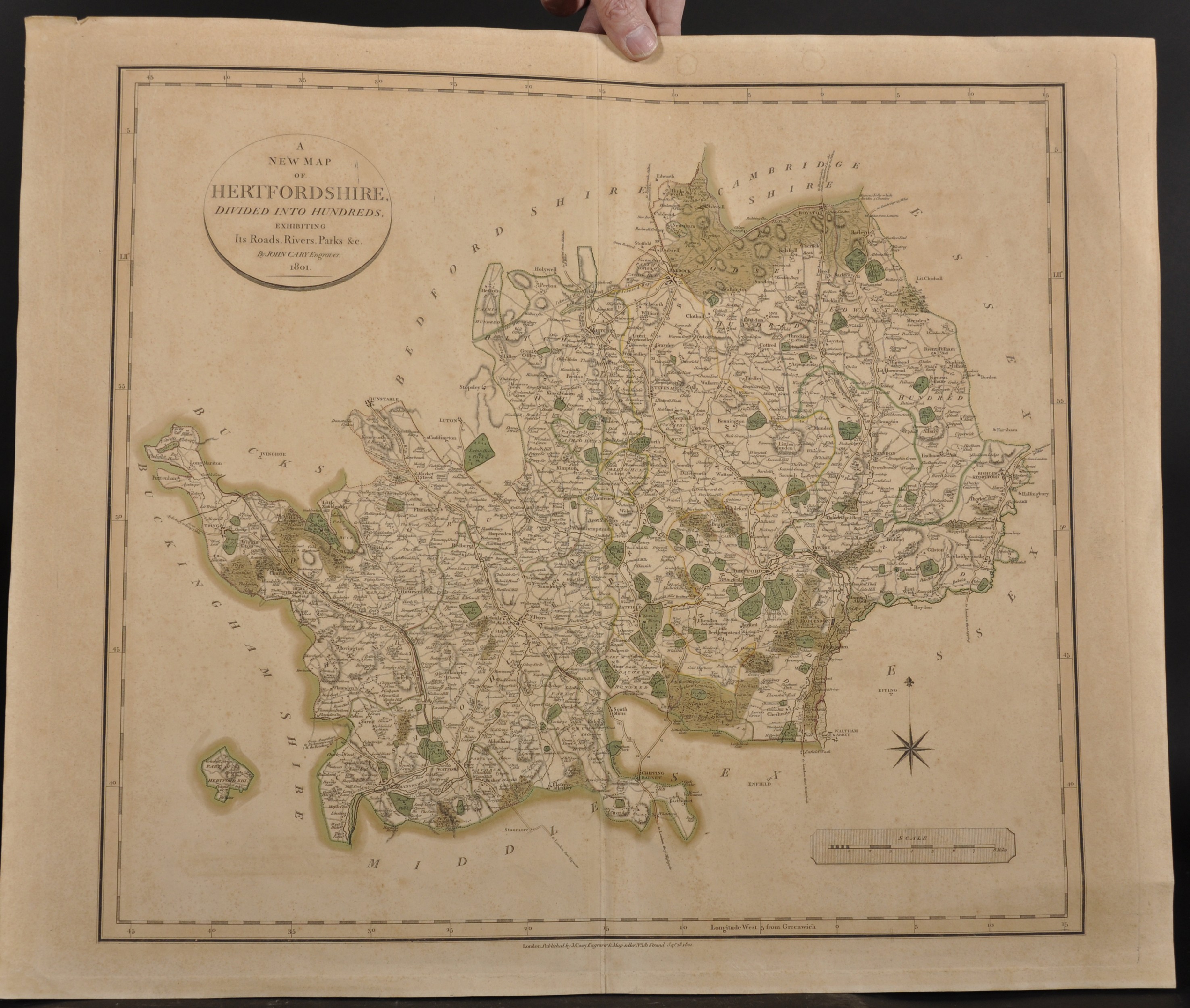 John Cary (1754-1835) British. "A New Map of Hertfordshire", Unframed, 18.75" x 21". - Image 2 of 4