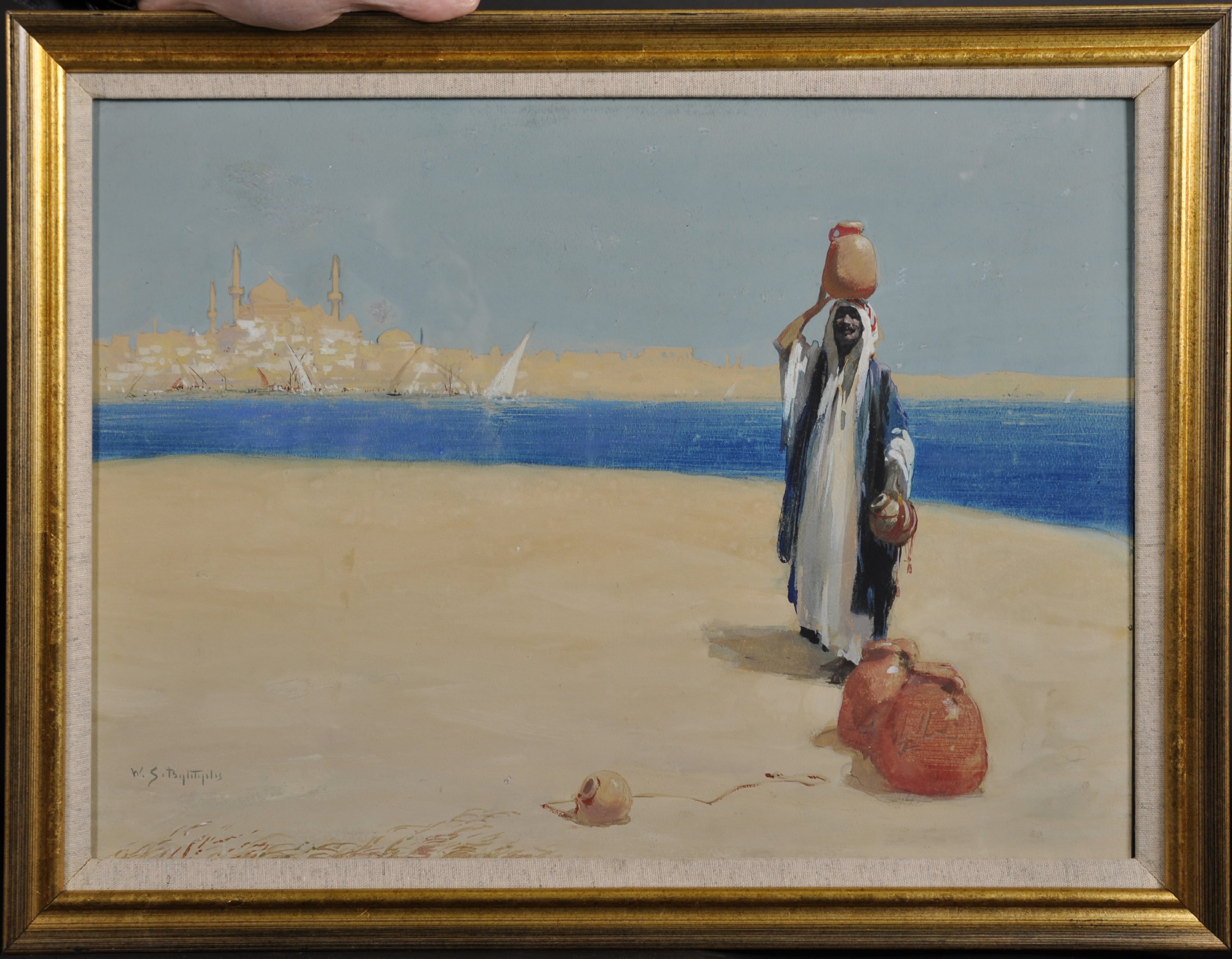 W... S... Bylitiplis (19th - 20th Century) European. An Arab Figure, with Water Jugs, standing - Image 2 of 4