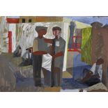 20th Century English School. Two Workmen by Buildings, Mixed Media, Unframed, 12" x 17".