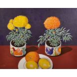 Ula Paine (1909-2001) British. A Still Life with Pots of Flowers and a Plate with Orange and Lemons,