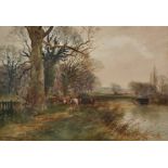 Henry Charles Fox (1855/60-1929) British. A River Landscape, with Cattle on the Banks of the