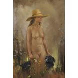 Thomas William Quinn (20th 21st Century) British/Irish. Nude in a Yellow Hat , with a Labrador by