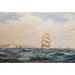 Frederick James Aldridge (1850-1933) British. "Off the Island", a three Masted Ship in Choppy