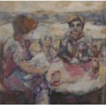 Beryl Darton (20th - 21st Century) British. "Family Outing", Figures around a Table, Mixed Media,