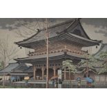 After Takeji Asano (1900-1999) Japanese. "Rain in Higashi-Honganji Temple, Kyoto", Woodcut,