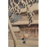 Kawase Bunjiro Hasui (1883-1957) Japanese. "Snow at Zojoji Temple, Shiba", Woodcut, with Stamp,