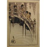Helen Hyde (1868-1919) British. Japanese Children on a Bridge, Woodcut, Signed in Pencil, 13.25" x