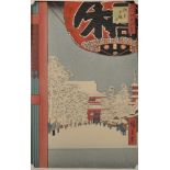 Hiroshige Utagawa (Ando) (1797-1858) Japanese. "Kinryuzan Sensoji Temple", Woodcut, Shaped,