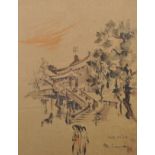 20th Century Chinese School. "Chua Xa Loi", Study of a Temple, Mixed Media, Indistinctly Signed,