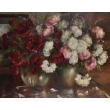 Gaston Noelanders (1910-1987) Austrian. Still Life with Flowers in Vases, and a Glass Dish, Oil on