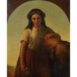 19th Century European School. A Young Farm Girl, holding a Posy leaning on a bundle of Straw, Oil on