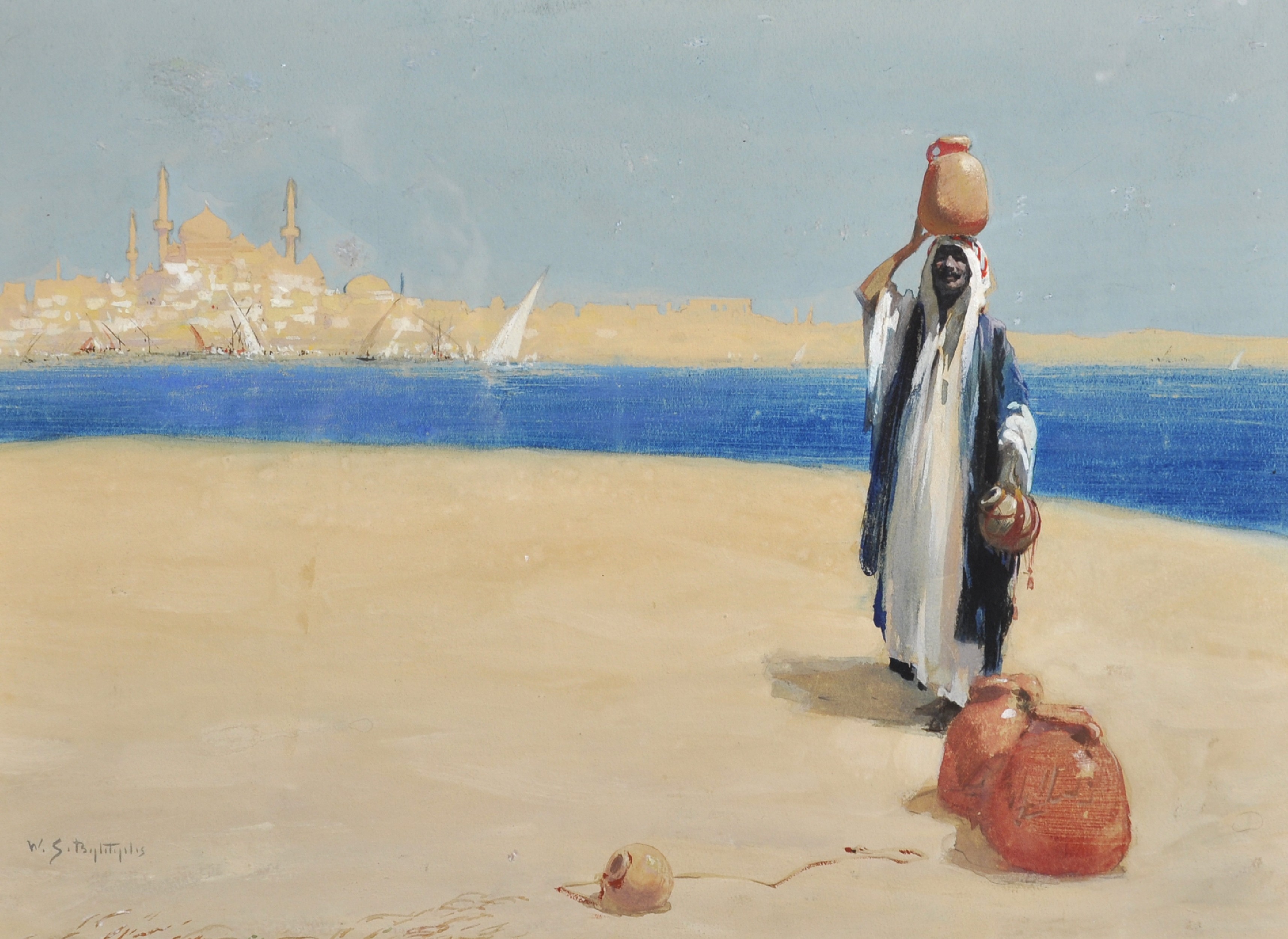 W... S... Bylitiplis (19th - 20th Century) European. An Arab Figure, with Water Jugs, standing