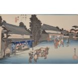 Hiroshige Utagawa (Ando) (1797-1858) Japanese. "Travellers and Kimono Material Shops at Narumi",