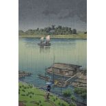 Kawase Bunjiro Hasui (1883-1957) Japanese. "Early Summer Rain, Arakawa", Woodcut, with Stamp,