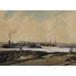 Albert Bailey (1897-1964) British. "Shoreham", Boats in a Harbour and Figures on the Nearbank,