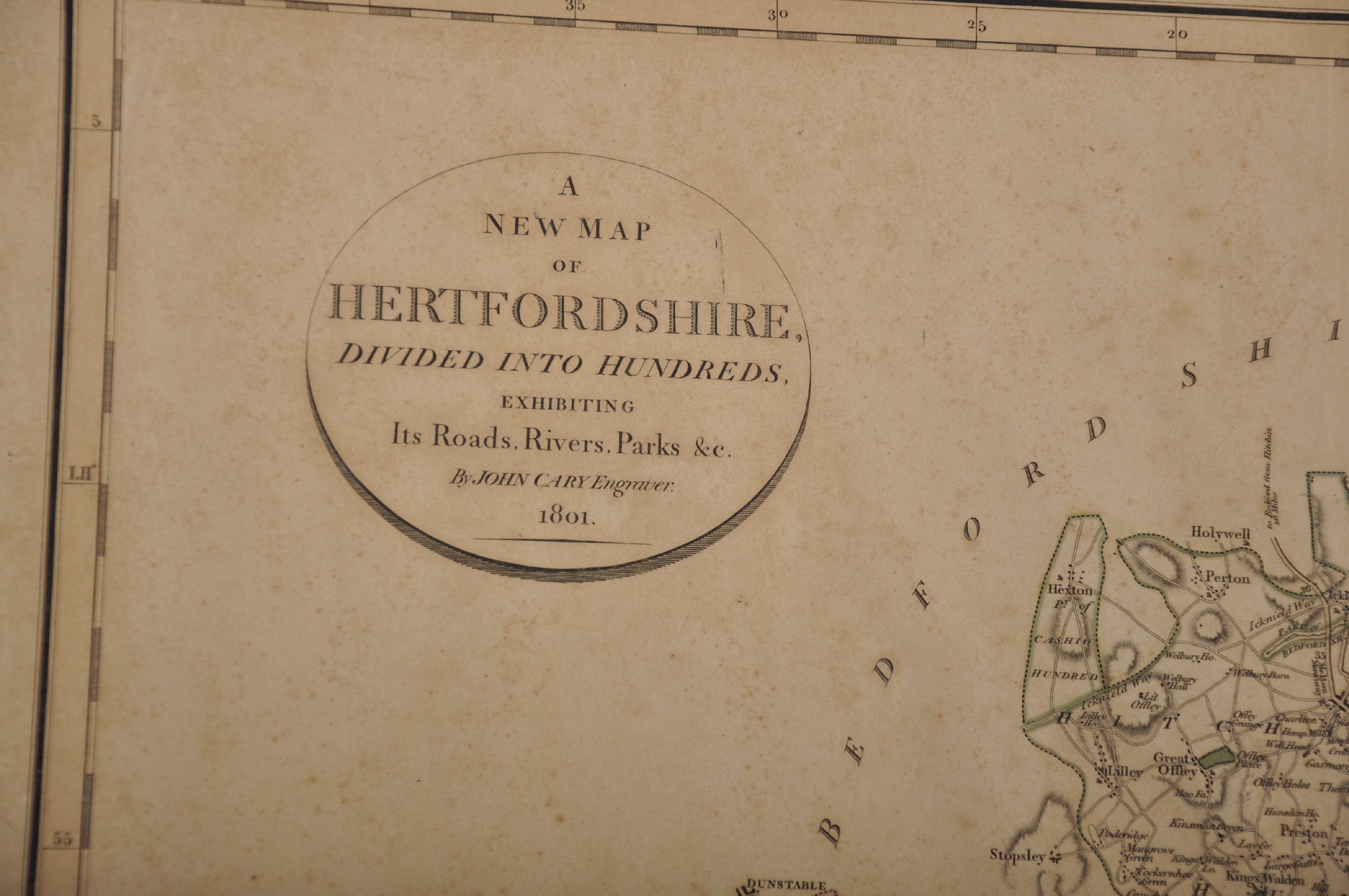 John Cary (1754-1835) British. "A New Map of Hertfordshire", Unframed, 18.75" x 21". - Image 3 of 4