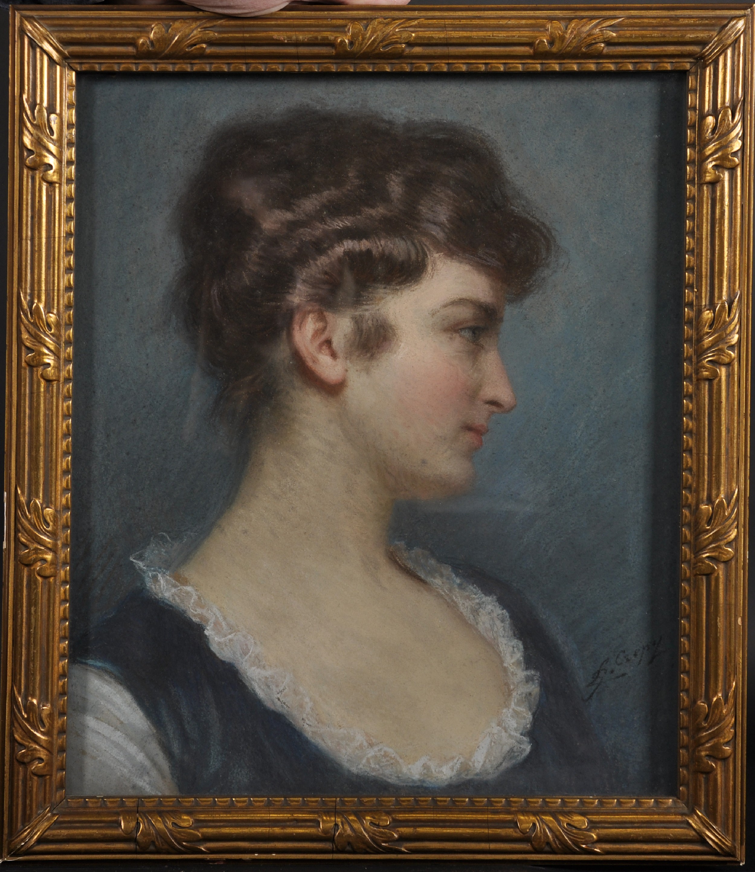 Leon Gerard Crepy (1872-?) French. Bust Portrait in Profile, of a Young Lady, Pastel, Signed, 15" - Image 2 of 5