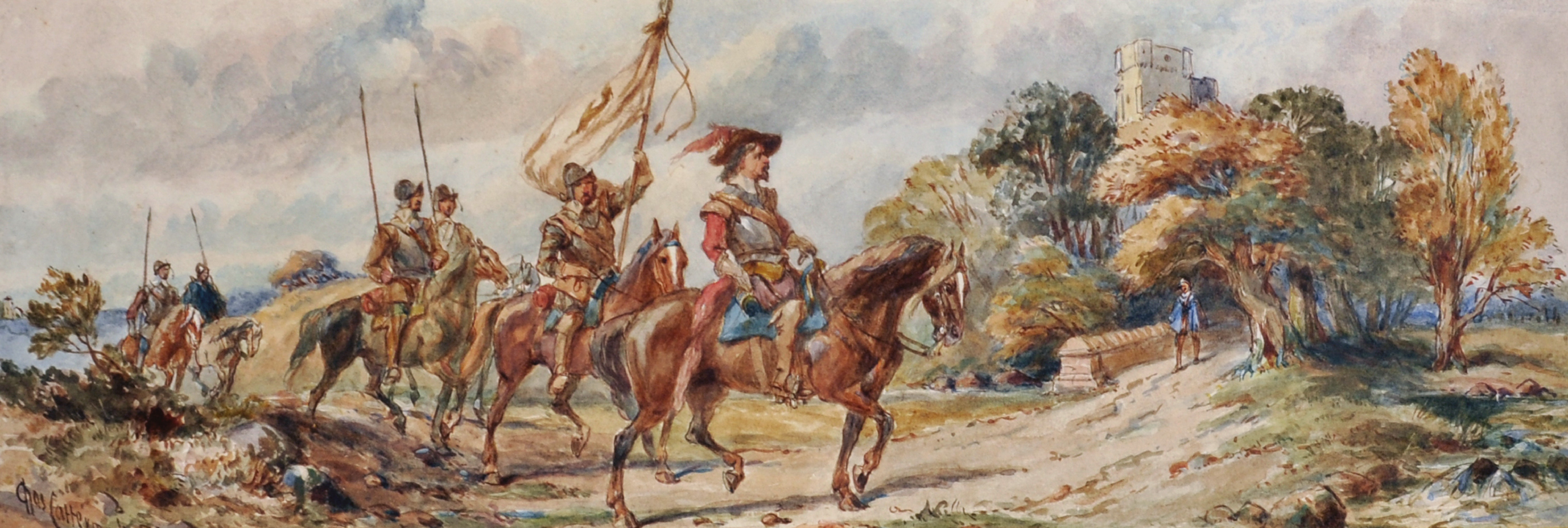 Charles Cattermole (1832-1900) British. The Cavalry Riding into Town, Watercolour, Signed and