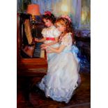 Konstantin Razumov (1974- ) Russian. Two Young Girls playing the Piano , Two Pretty Young Girls