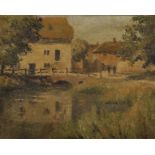 20th Century English School. A River Landscape, with Figures by Farm Buildings, Oil on Board,