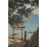 Kawase Bunjiro Hasui (1883-1957) Japanese. "Chuzenji, Temple at Utagahama Beach", Woodcut, with