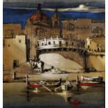 20th Century Maltese School. A Canal Scene, with Figures in Boats, and Palatial Buildings beyond,